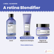 Máscara L'Oréal Professionnel Blondifier 250 ml ao lado dos outros produtos da linha