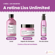 Máscara L'Oréal Professionnel Liss Unlimited 250 ml ao lado dos outros produtos da linha