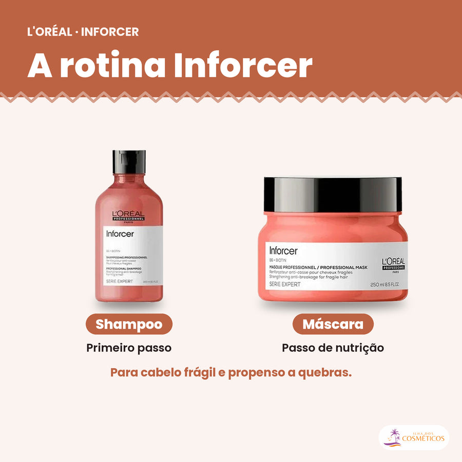 Shampoo L'Oréal Professionnel Inforcer 300 ml ao lado dos outros produtos da linha