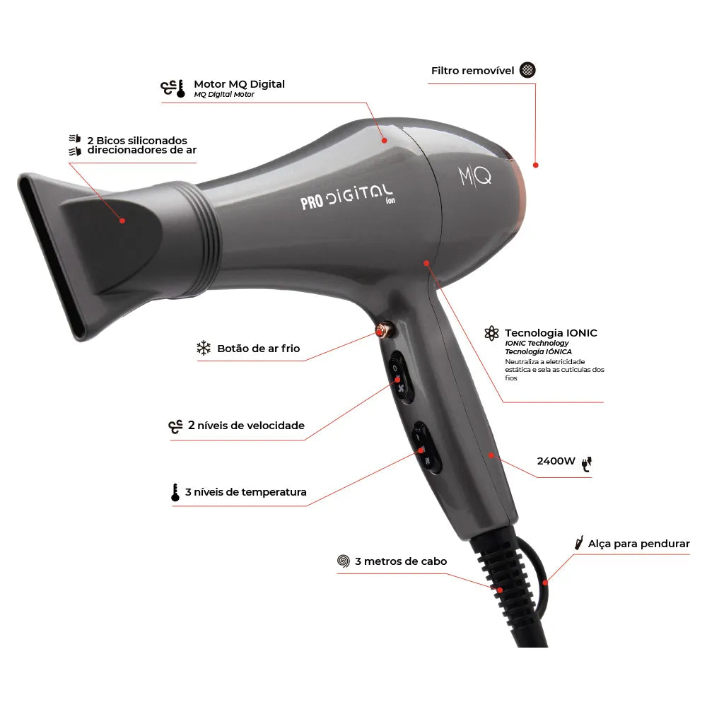 MQ Professional Secador de Cabelo Profissional Pro Digital Íon 2600W