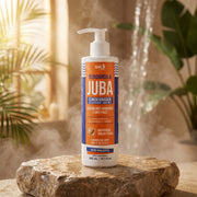 Condicionador Blindando a Juba Widi Care: frasco sobre rocha molhada, com vapor e uma cascata ao fundo