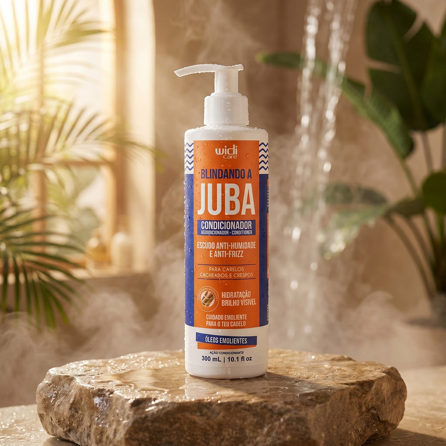 Condicionador Blindando a Juba Widi Care: frasco sobre rocha molhada, com vapor e uma cascata ao fundo