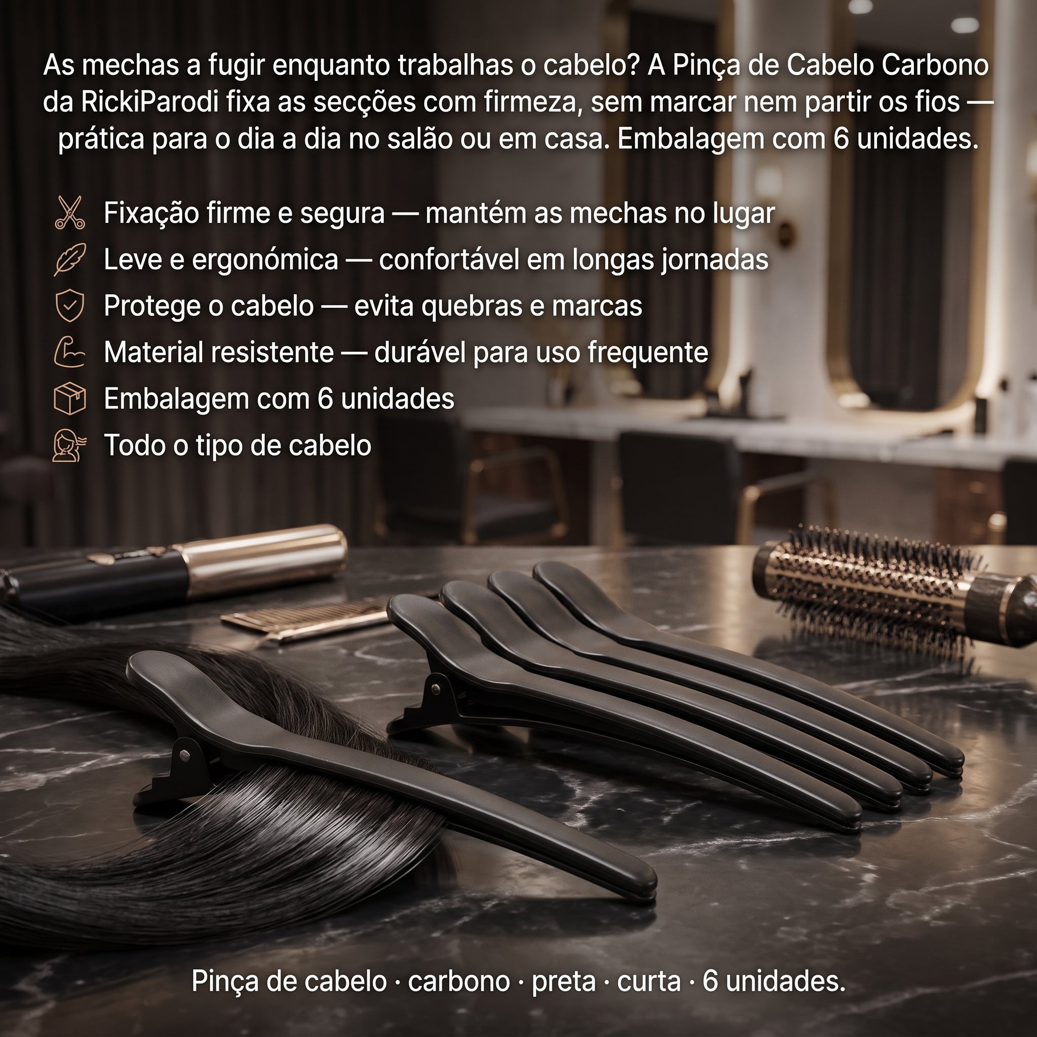 RickiParodi Pinça de Cabelo Carbono Preta Curta (6 Unidades)