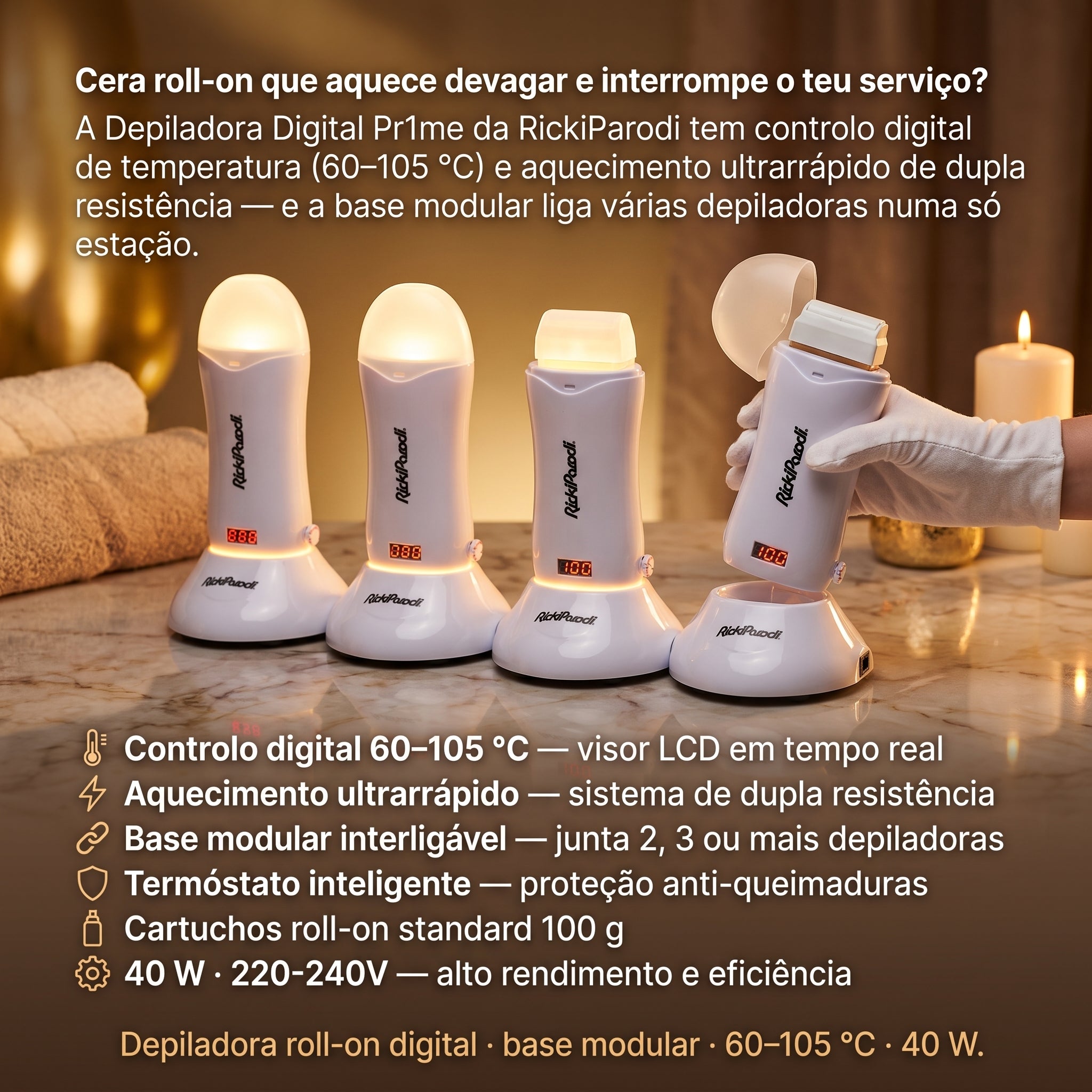 RickiParodi Pr1me — Depiladora Digital Roll-On com Base Modular