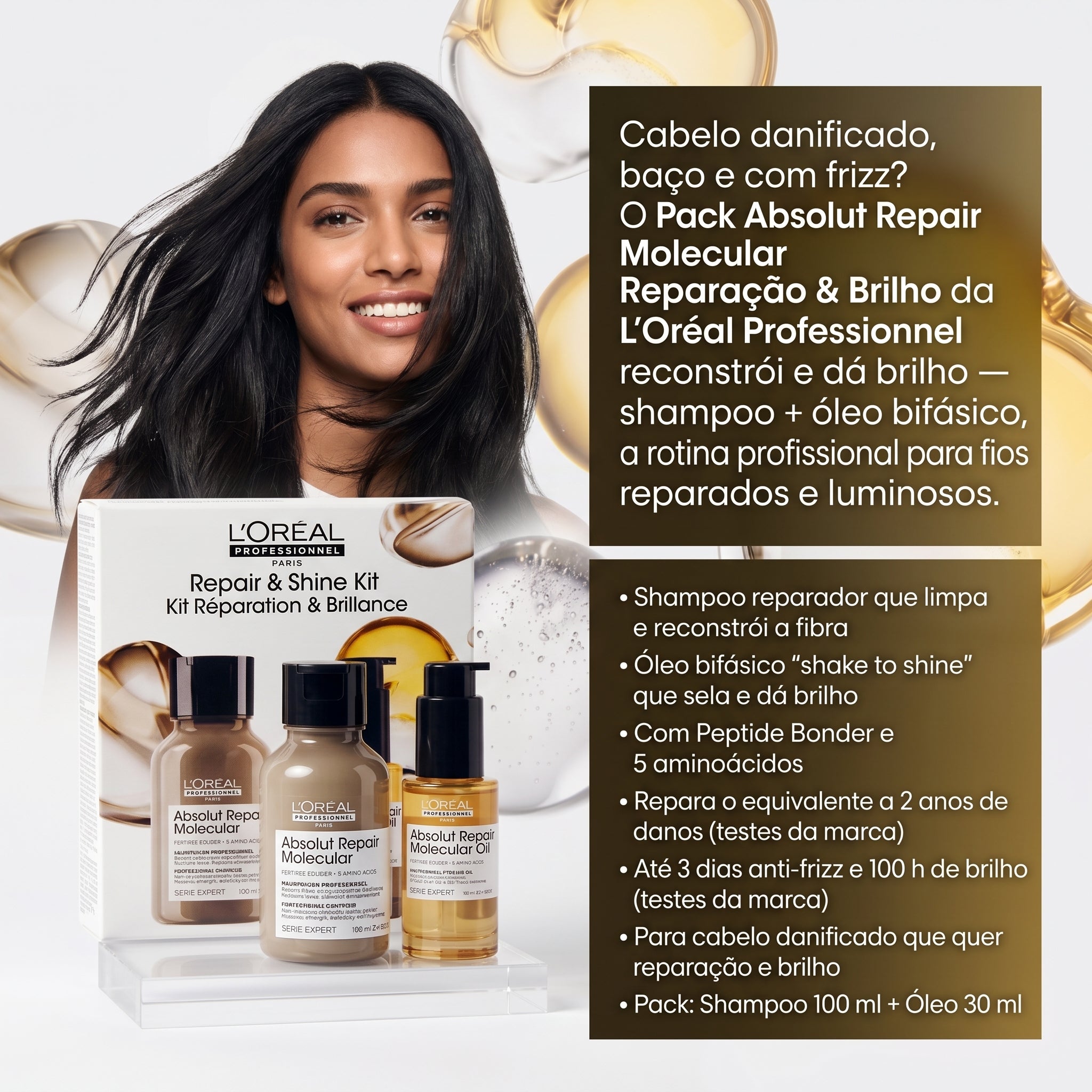L'Oréal Professionnel Absolut Repair Molecular Pack Reparação & Brilho — Shampoo 100ml + Óleo 30ml