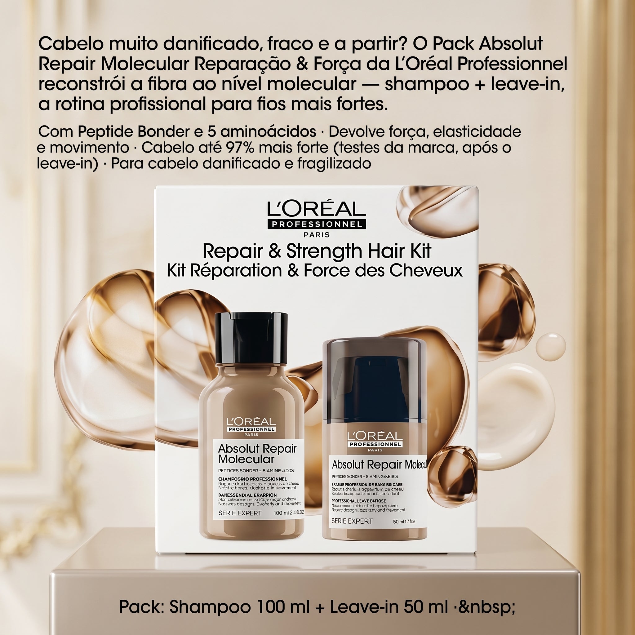 L'Oréal Professionnel Absolut Repair Molecular Pack Reparação & Força — Shampoo 100ml + Leave-in 50ml