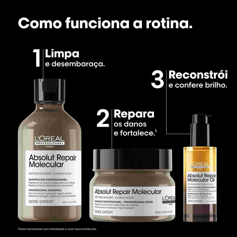 Rotina de 3 passos L'Oréal Professionnel Absolut Repair Molecular: shampoo, máscara e óleo