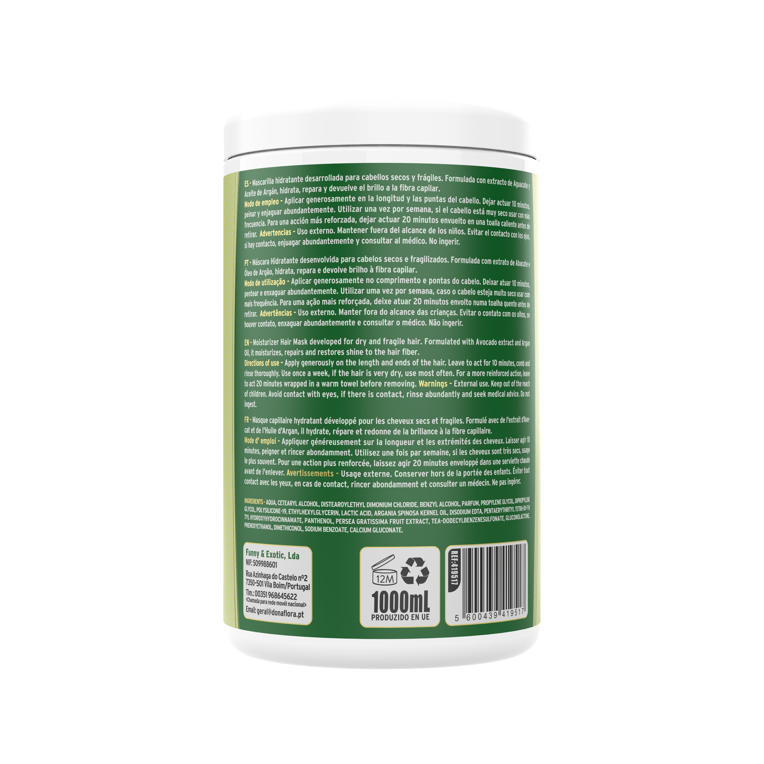 Dona Flora Abacate e Argão Máscara Capilar Hidratação & Brilho 1kg