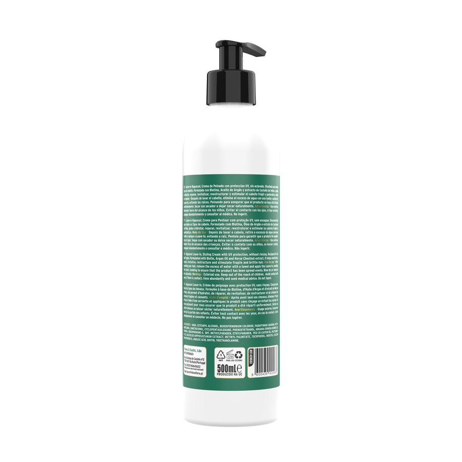 Dona Flora Rapunzel Leave-in Crescimento Proteção Térmica e UV 500ml: o verso da embalagem, com o texto do rótulo