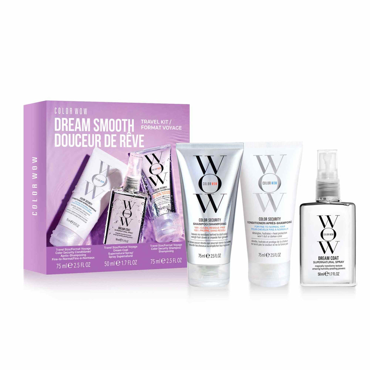 Color WOW Dream Smooth Pack de viagem com shampoo, condicionador e Dream Coat