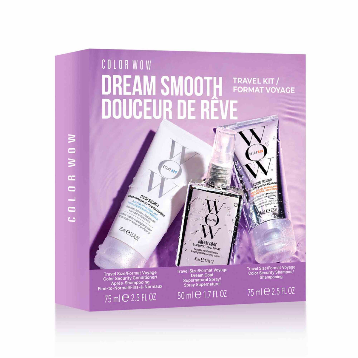 Color WOW Dream Smooth Pack de viagem com shampoo, condicionador e Dream Coat