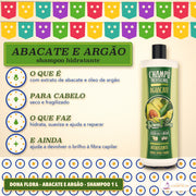 Shampoo Abacate e Argão Dona Flora Hidratante: o que é, para que cabelo e o que faz, ao lado do frasco verde