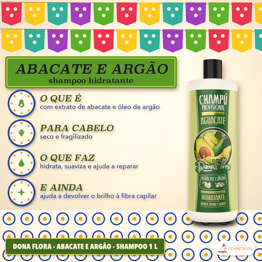 Shampoo Abacate e Argão Dona Flora Hidratante: o que é, para que cabelo e o que faz, ao lado do frasco verde