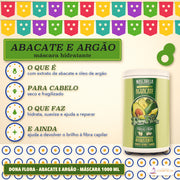 Máscara Abacate e Argão Dona Flora Hidratante: quatro respostas em círculos azuis e o pote de 1000 ml
