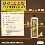 Shampoo de Gengibre Dona Flora Ajuda no Crescimento: o que diz o rótulo em seis linhas, de shampoo profissional a 1000 ml