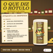 Máscara de Gengibre Dona Flora Ajuda no Crescimento: etiqueta da despensa com seis linhas, três da frente e três do verso