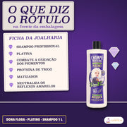 Shampoo Matizador Platinado Dona Flora Cabelo Loiro: o que diz o rótulo, em seis linhas, com Platina e proteína de trigo