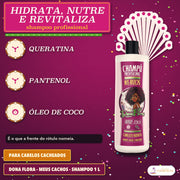 Shampoo Meus Cachos Dona Flora com Queratina e Coco: apresentação do shampoo que hidrata e nutre, e que revitaliza os fios