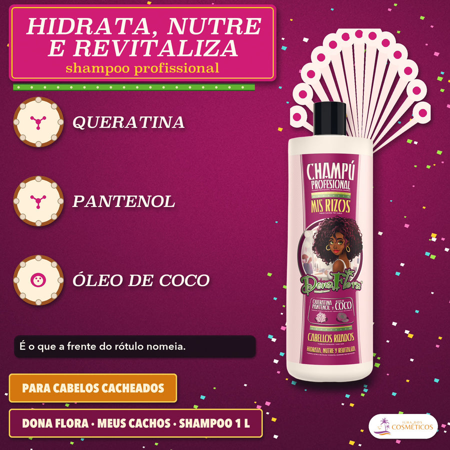 Shampoo Meus Cachos Dona Flora com Queratina e Coco: apresentação do shampoo que hidrata e nutre, e que revitaliza os fios