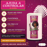 Máscara Meus Cachos Dona Flora com Coco e Rícino: apresentação, ajuda a controlar os cachos, com filtro UV e brilho intensivo