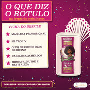 Máscara Meus Cachos Dona Flora com Coco e Rícino: as cinco frases da frente do pote, entre elas o filtro UV
