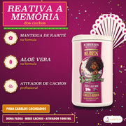 Ativador de Cachos Meus Cachos Dona Flora Karité: apresentação, com a memória dos cachos em título e os dois ativos por baixo