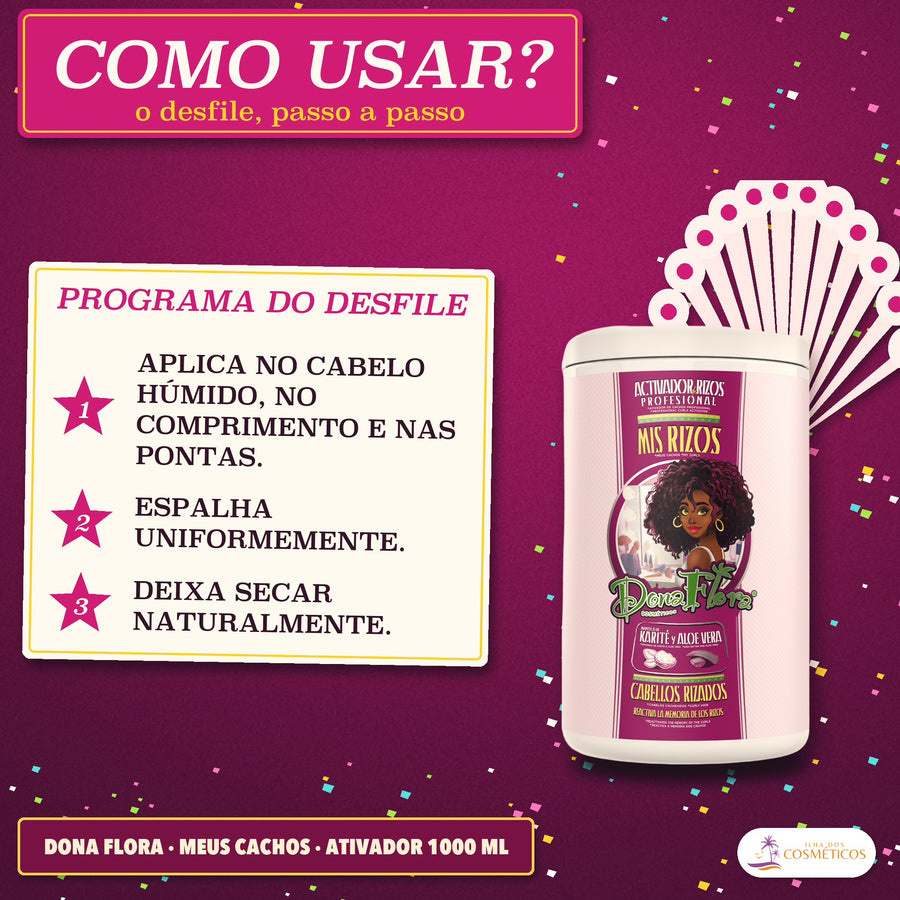 Ativador de Cachos Meus Cachos Dona Flora Karité: os três passos do ativador, a começar no cabelo húmido
