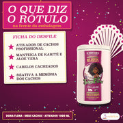 Ativador de Cachos Meus Cachos Dona Flora Karité: quadro com o que a frente do pote diz, do karité à memória dos cachos