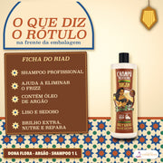 Shampoo de Argão Dona Flora Nutre e Repara: a frente do frasco passada a limpo, em cinco frases