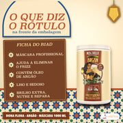 Máscara de Argão Dona Flora Nutre e Repara: as cinco frases da frente do pote, numa ficha ao lado dele