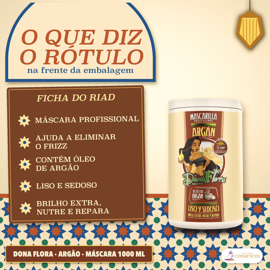 Máscara de Argão Dona Flora Nutre e Repara: as cinco frases da frente do pote, numa ficha ao lado dele