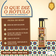 Sérum Reparador de Pontas Dona Flora Argão e Macadâmia: ficha da frente, com adeus pontas duplas e os dois óleos