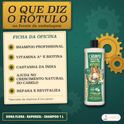 Shampoo Rapunzel Dona Flora Crescimento com Biotina: o que diz o rótulo na frente, vitamina A e castanha da Índia