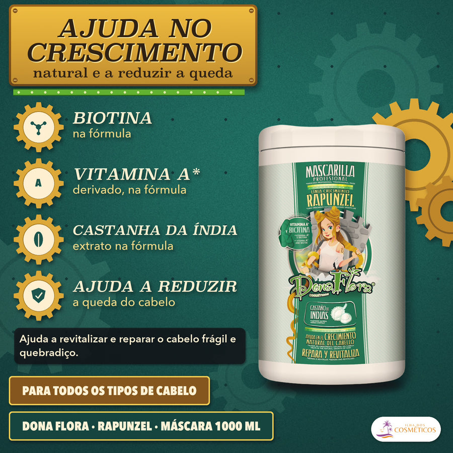 Máscara Rapunzel Dona Flora Crescimento com Biotina: apresentação da máscara, com os três ativos da linha em destaque