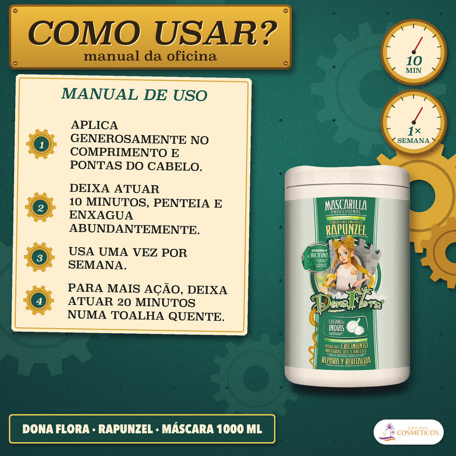 Máscara Rapunzel Dona Flora Crescimento com Biotina: como usar, 10 minutos, uma vez por semana, ou 20 com toalha quente