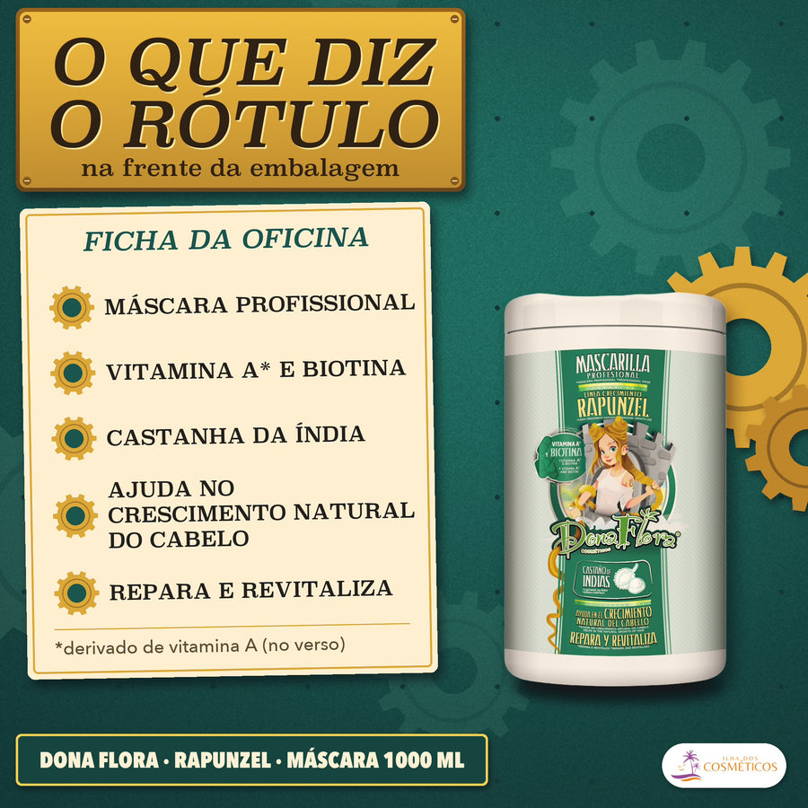 Máscara Rapunzel Dona Flora Crescimento com Biotina: o que diz o rótulo na frente do pote de 1000 ml