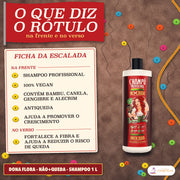 Shampoo Antiqueda Dona Flora Não+Queda com Alecrim: o que diz o rótulo, na frente e no verso, ao lado do frasco