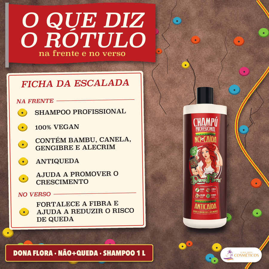 Shampoo Antiqueda Dona Flora Não+Queda com Alecrim: o que diz o rótulo, na frente e no verso, ao lado do frasco