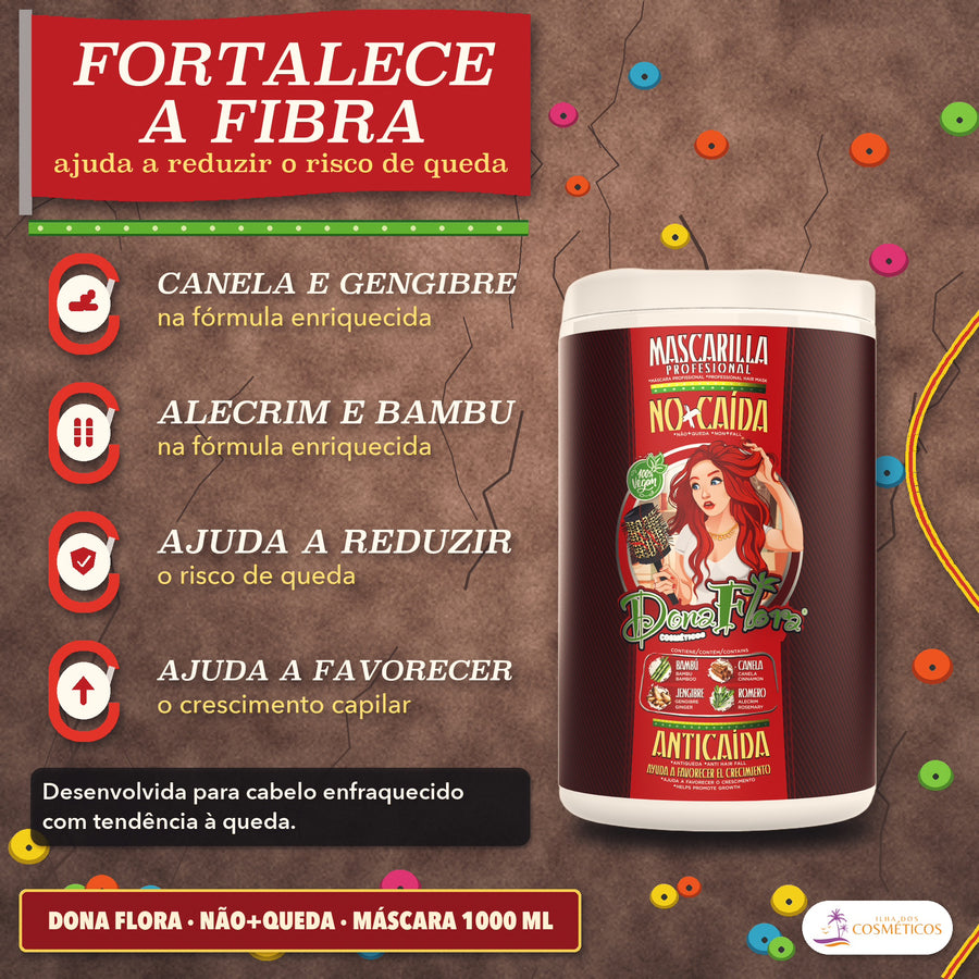 Máscara Antiqueda Dona Flora Não+Queda com Alecrim: apresentação onde se lê fortalece a fibra, com as quatro plantas