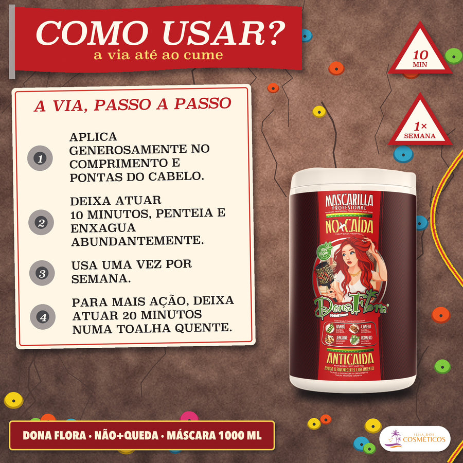Máscara Antiqueda Dona Flora Não+Queda com Alecrim: a via em quatro passos, com os sinais 10 min e 1 vez por semana
