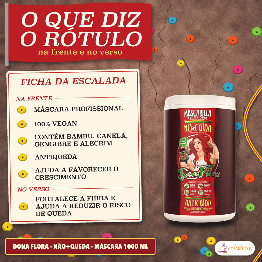 Máscara Antiqueda Dona Flora Não+Queda com Alecrim: quadro com as frases da frente e do verso do pote de 1000 ml