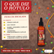 Tónico Antiqueda Dona Flora Não+Queda com Alecrim: as frases que a frente e o verso do frasco de 100 ml trazem
