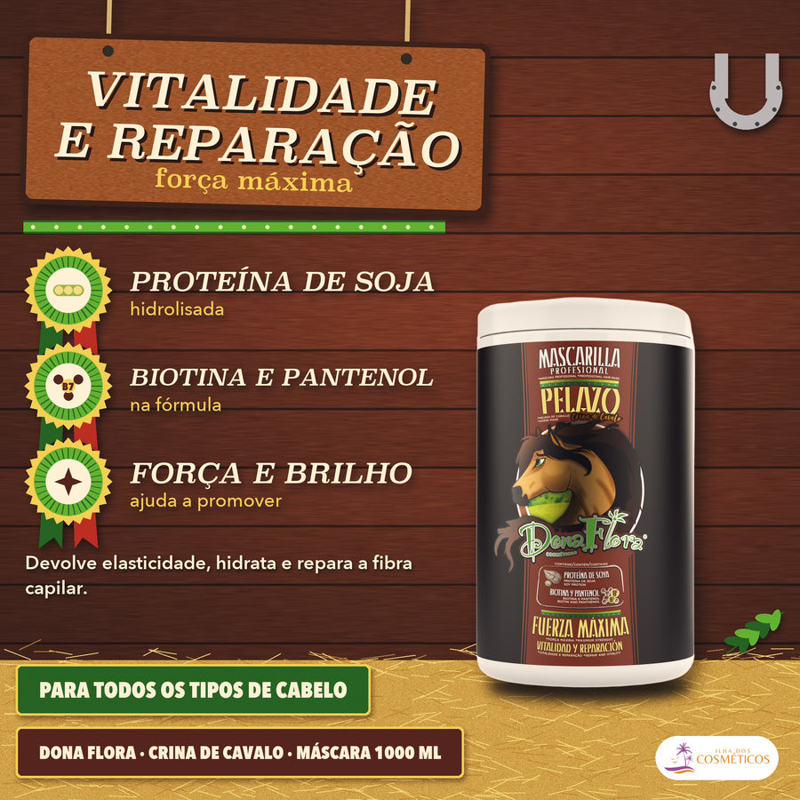 Máscara Crina de Cavalo Dona Flora com Biotina: cartaz de vitalidade e reparação, com biotina e pantenol na fórmula
