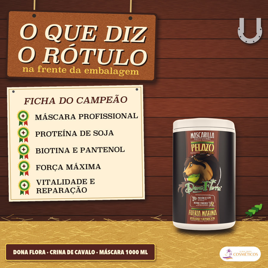 Máscara Crina de Cavalo Dona Flora com Biotina: o que diz o rótulo na frente do pote de 1000 ml