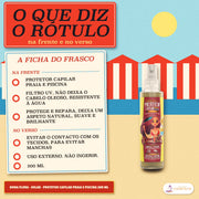 Protetor Capilar Praia e Piscina Filtro UV Dona Flora: ficha da frente e do verso e o frasco de rótulo carmim na areia