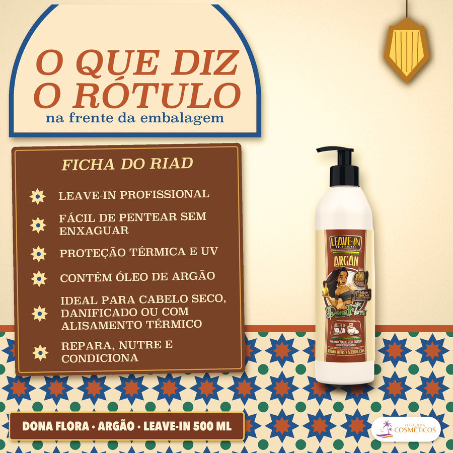 Leave-in de Argão Dona Flora Proteção Térmica e UV: o que diz a frente do frasco, resumido em seis frases