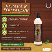 Leave-in Crina de Cavalo Dona Flora Proteção Térmica: cartaz onde se lê repara e fortalece, fácil de pentear sem enxaguar