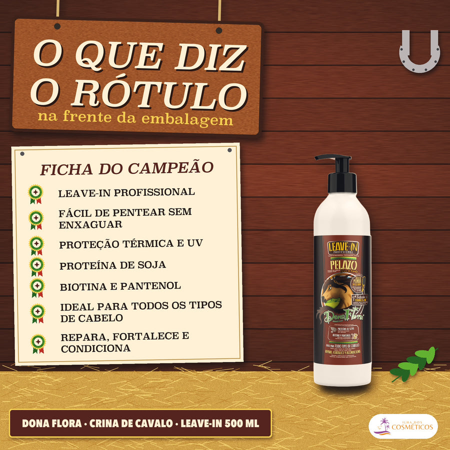 Leave-in Crina de Cavalo Dona Flora Proteção Térmica: o que diz o rótulo, as frases da frente da embalagem