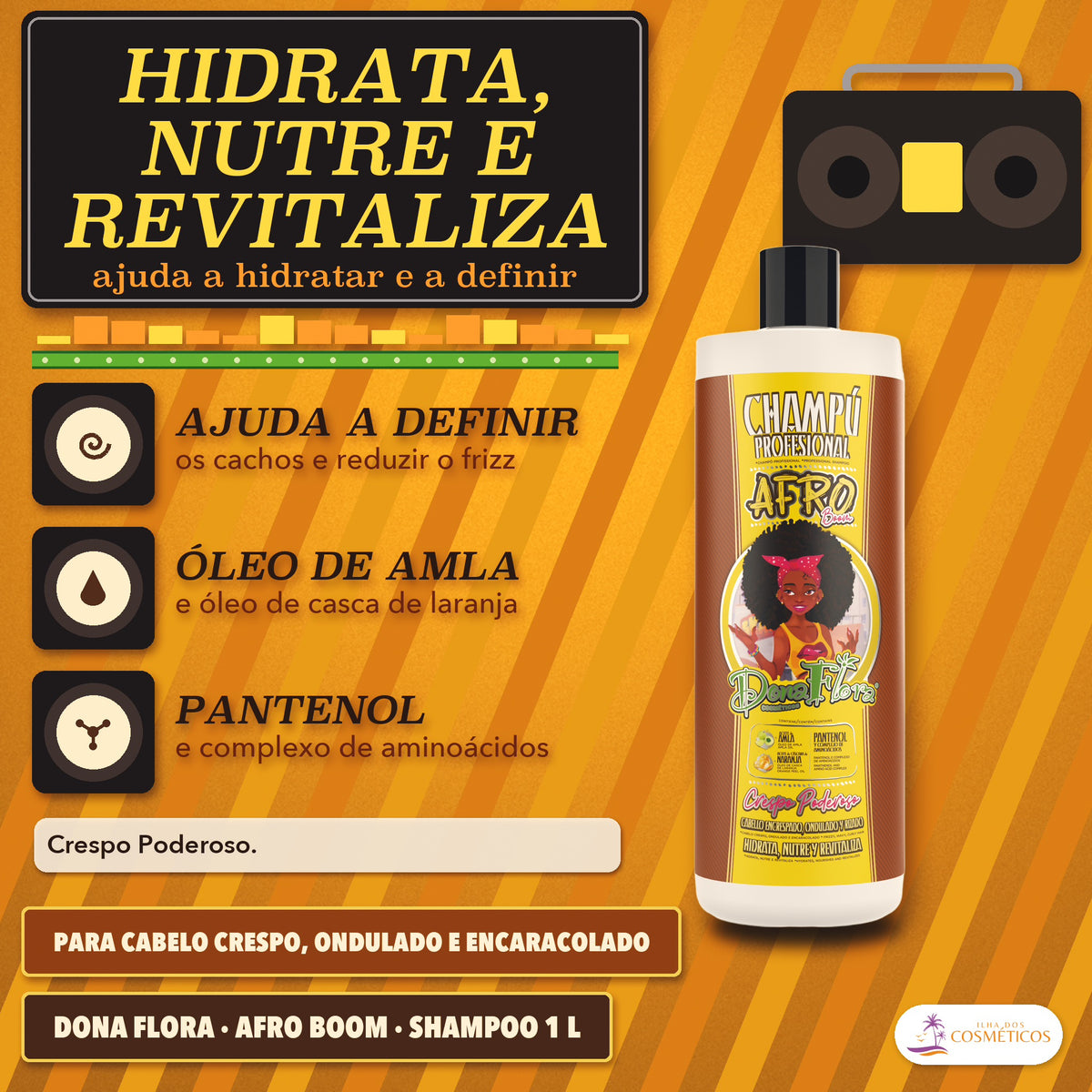 Shampoo Crespos e Encaracolados Afro Boom Dona Flora: placa Hidrata, nutre e revitaliza, três medalhas e um rádio de cassetes