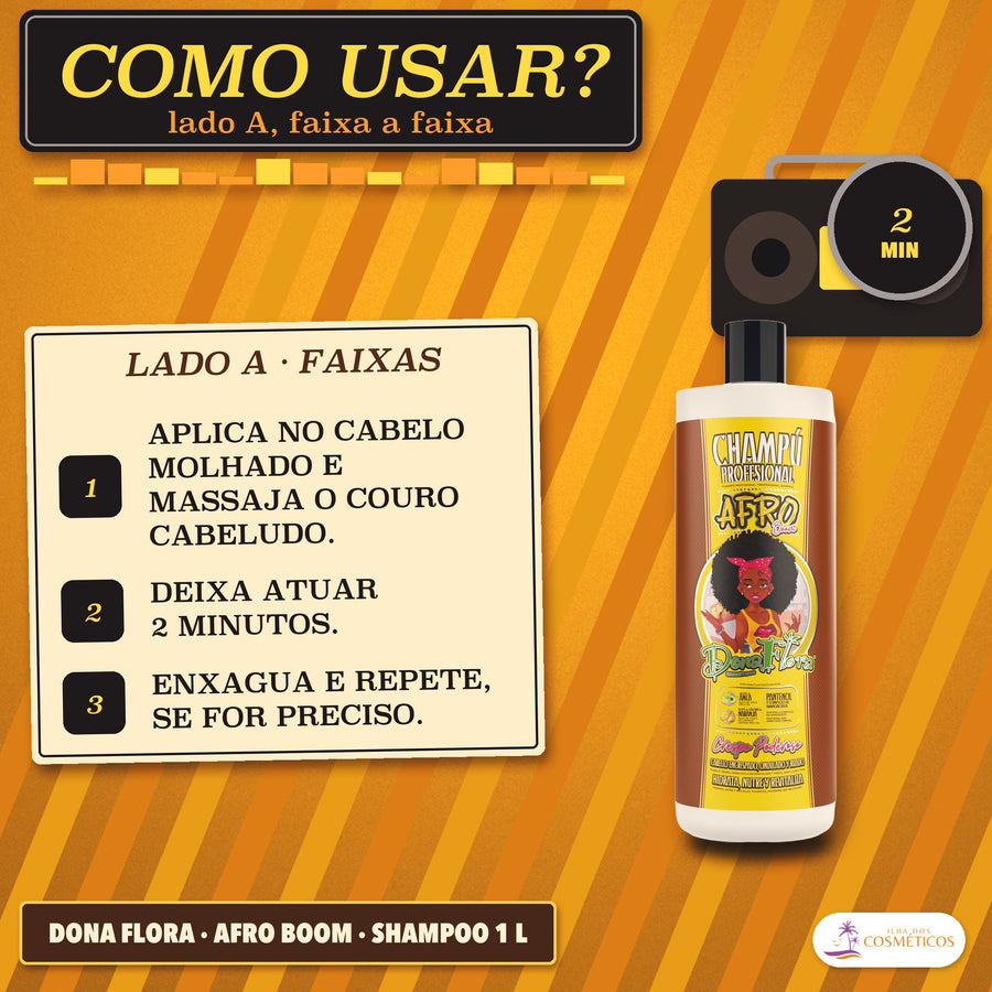 Shampoo Crespos e Encaracolados Afro Boom Dona Flora: cartão Lado A com três faixas numeradas e um círculo preto de 2 min